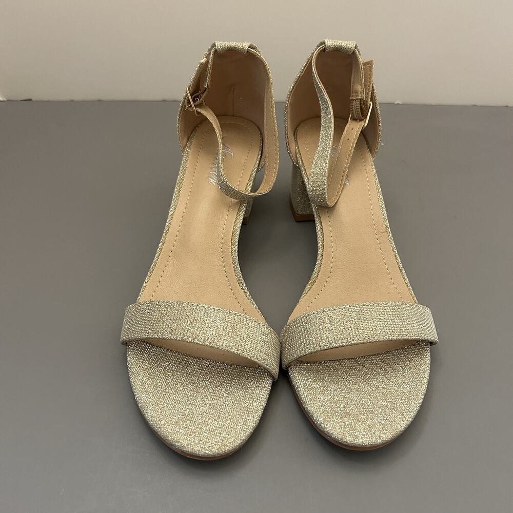 Women Gold Sparkle Block Heels Ankle Strap Open Toe Sexy Acaner Size 8.5